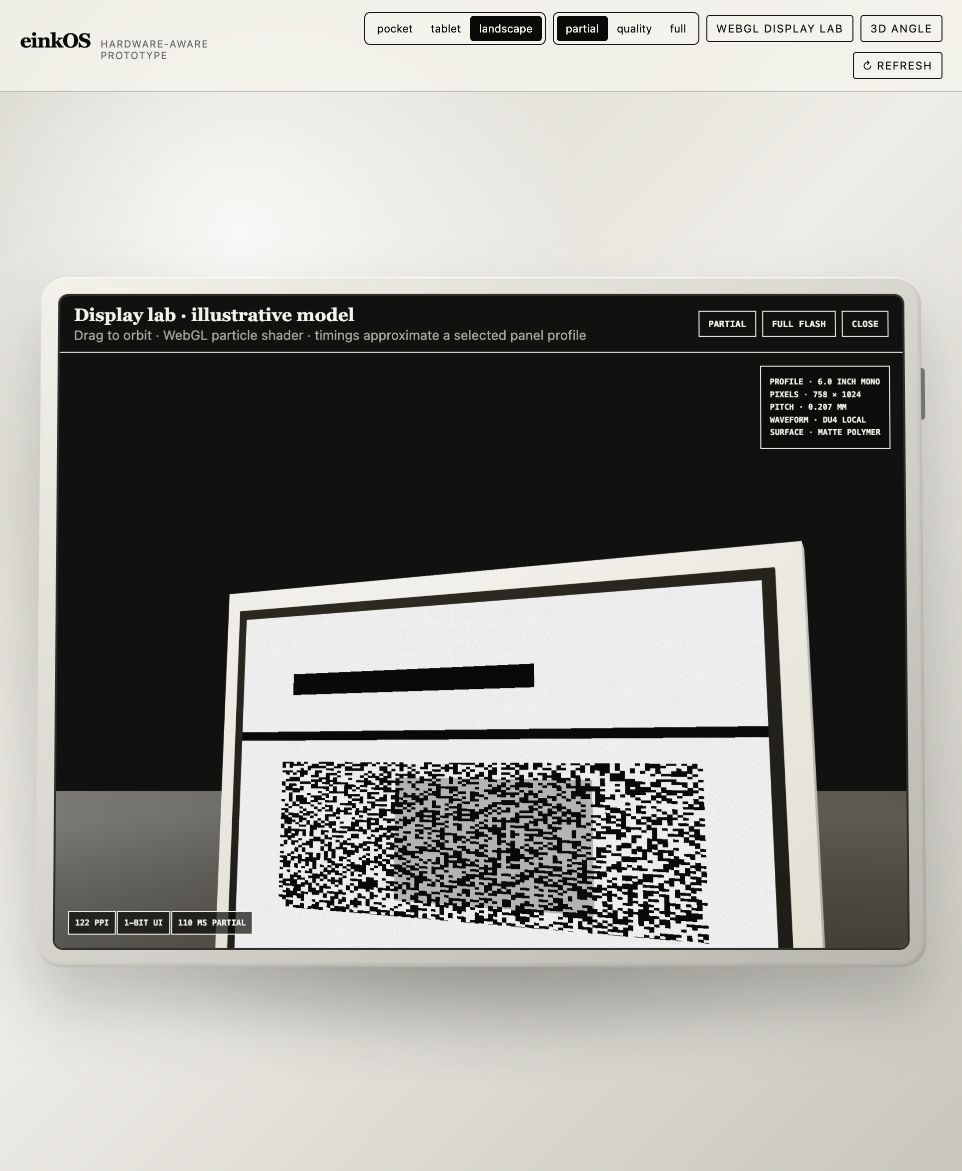 Illustrative Three.js e-ink display emulator at an oblique angle
