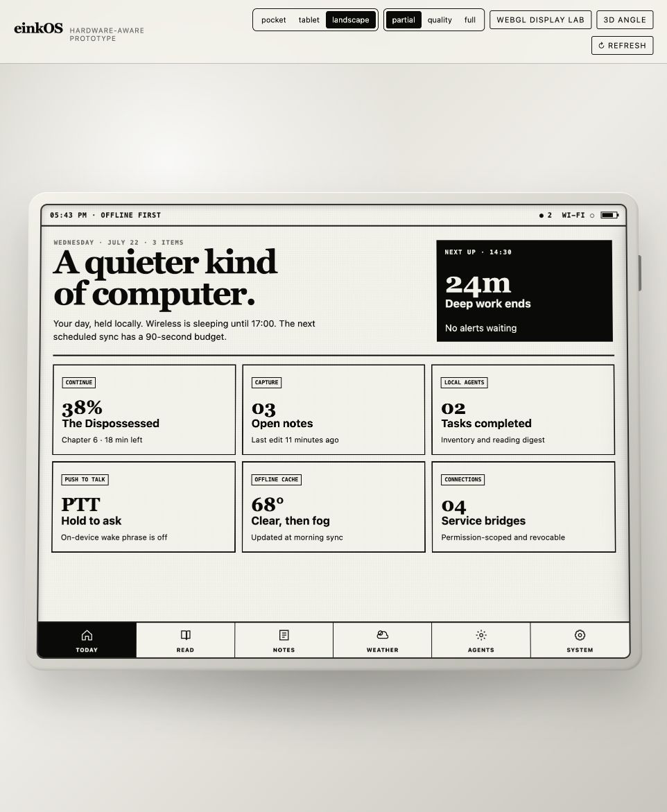 E-ink OS landscape display profile showing the home shell