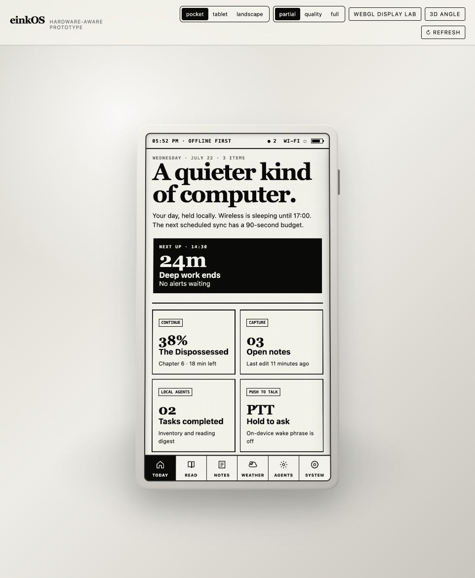 E-ink OS pocket display profile showing the home shell